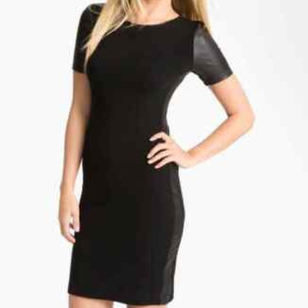 Theory Leilana Short Sleeve Stretch Body Dress Black w Leather Trim